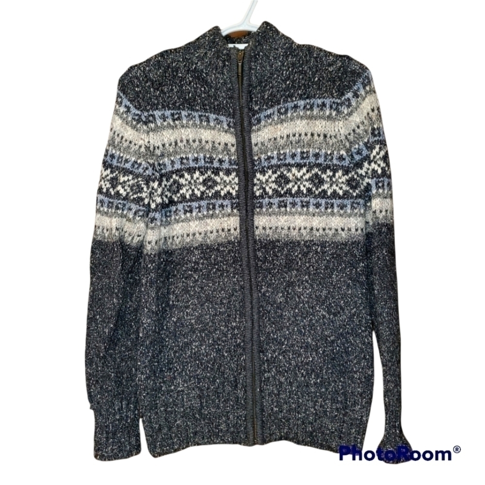 𝅺GREY black cream fair isle knit cotton wool blend zip up sweater M*
